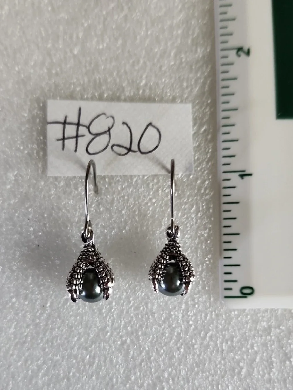 Silver Drop Earrings with Dark Gray Pearls In Dragon Claw
